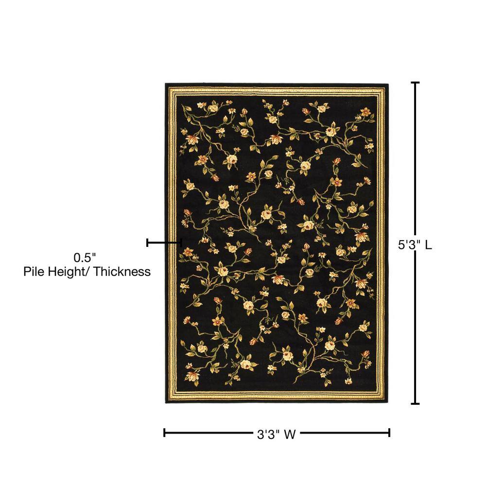 Black Floral Hand-Knotted Synthetic Area Rug, 3'3" x 5'3"
