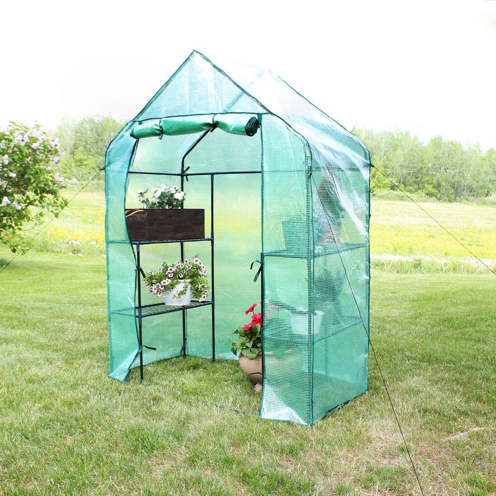 Green 37" Portable Walk-In Greenhouse with Iron Frame and Shelves