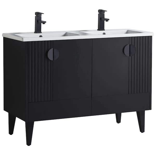 FINE FIXTURES Venezian 48 in. W x 18.11 in. D x 33 in. H Bathroom Vanity Side Cabinet in Black Matte with White Ceramic Top