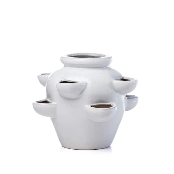 Alfresco Home Eight Pocket Glazed Ceramic Strawberry Jar Planter for Home and Garden, 13.25 in. Dia, White