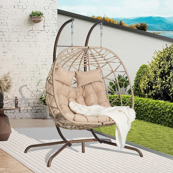 Unbranded Indoor Outdoor Metal and Wicker Porch Swing Chair Patio Basket Egg Swing Chair Hammock with Brown Stand & Beige Cushions