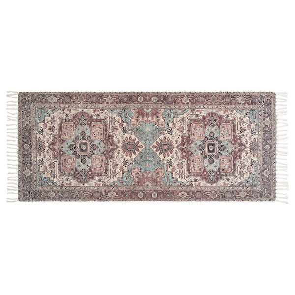 Chinille Fringe Machine Washable Red/Ivory 2 ft. x 5 ft. Floral Accent Area Rug