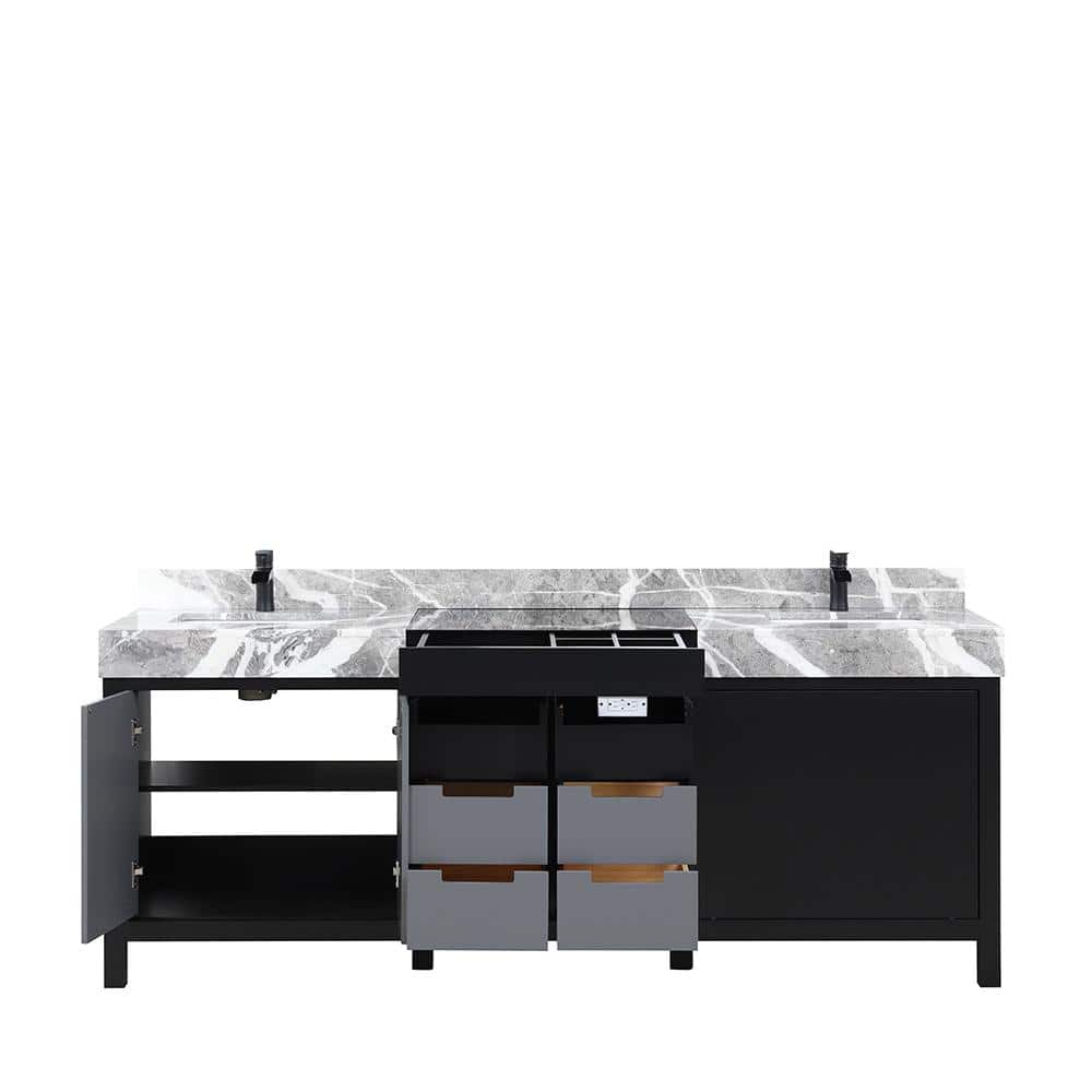 Zilara 84" Double Vanity with Castle Gray Marble Top and Black Faucet