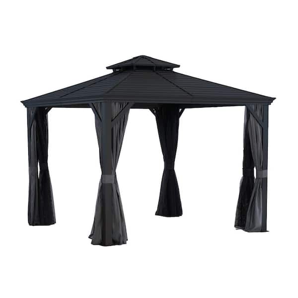 UNISOAR 10 ft. x 10 ft. Dark Gray Aluminum Hardtop Gazebo with Double Roof Canopy, Gray Curtains and Netting