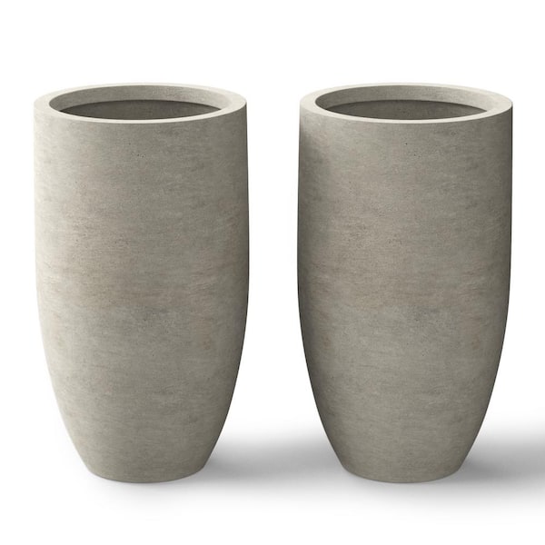 Lightweight 13.5 in. Dia Tall Large Light Gray Large Round Concrete Planter/Flower Pot for Indoor & Outdoor (Set of 2)