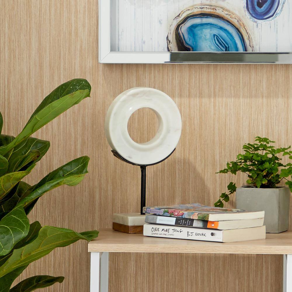 White Marble Ring Sculpture with Wood Base