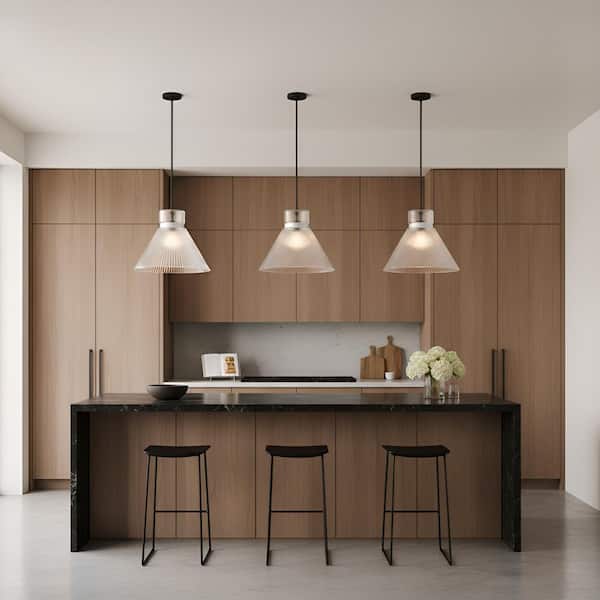 Liouet 18 in. W x 13.5 in. H 1-Light Midnight Black Transitional Pendant Light with Clear Ribbed Glass Shade