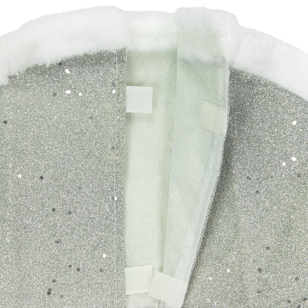 Silver Glittered Mini Christmas Tree Skirt with White Faux Fur Trim