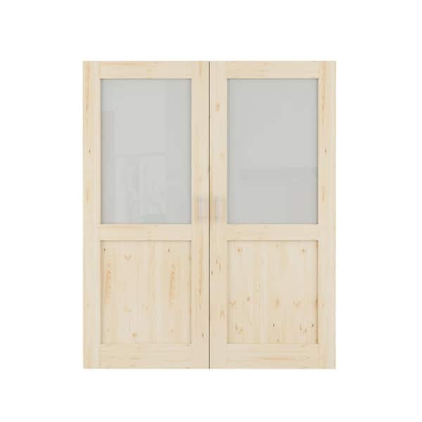 56 in. x 80 in. 1/2-Lite Frosted Glass Unfinished Pine Wood French Door without Jamb Double Door Slab with Ball Catch