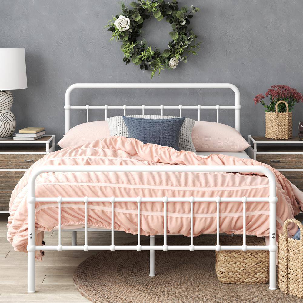 Florence White Twin Metal Platform Bed with Spindle Headboard