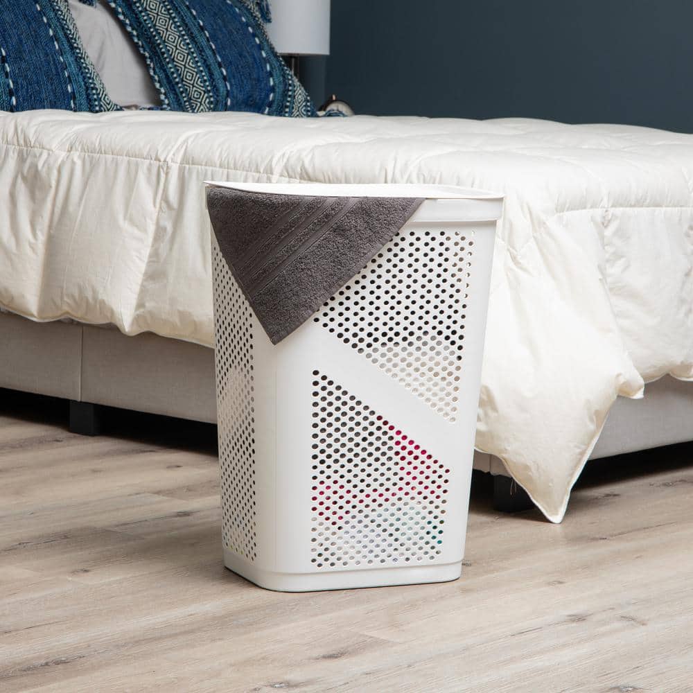 White Plastic Collapsible Upright Laundry Hamper with Lid