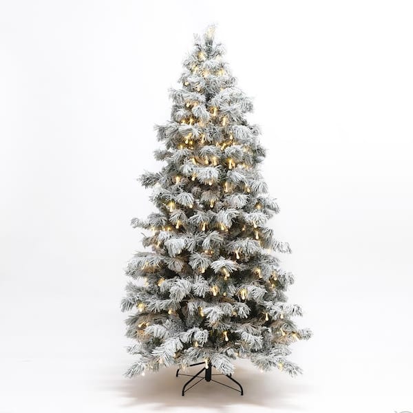 7.5 ft. Snow-Flocked Cedar Artificial Christmas Tree PreLit with Teardrop LED Lights and Hinged Branches