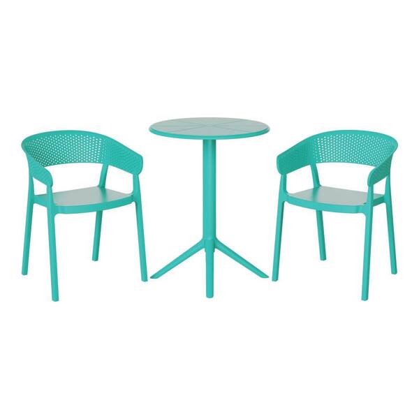 Frond&Form Outdoor Patio Modern HDPE Plastic 3-Piece Indoor/Outdoor Bistro Set w/ Stackable Chairs, Turquoise