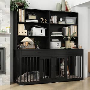 Wooden Dog Kennel Furniture Style Dog Crate Storage Cabinet, Indoor Dog Crate with 6-Shelf Bookcase Bookshelf, Black