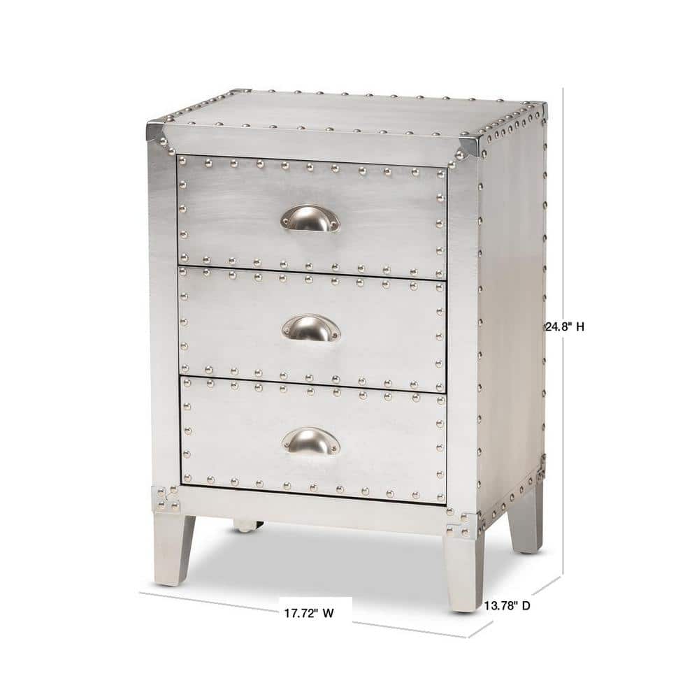 Claude Riveted Silver Metal 3-Drawer Nightstand