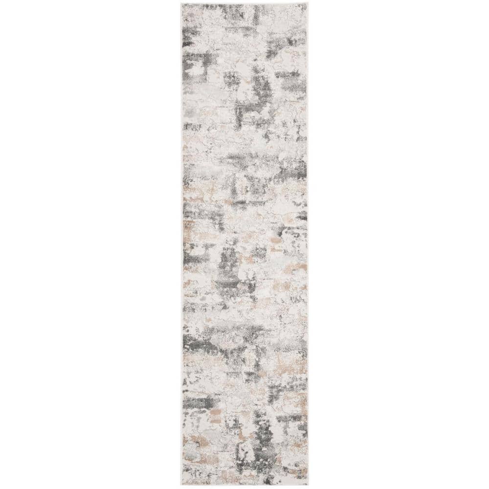 Gray and Beige Abstract Synthetic Runner Rug, 2' x 20'
