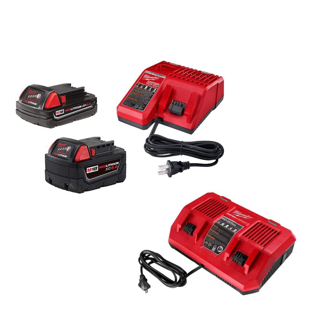 M18 18-Volt Lithium-Ion Starter Kit with (1) 5.0Ah and (1)2.0 Ah Battery and Charger with Dual Bay Rapid Battery Charger -  Milwaukee, 48-59-1852-1802