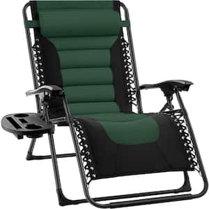 Oversized Padded Zero Gravity Forest Green Metal Reclining Outdoor Lawn Chair w/Side Tray