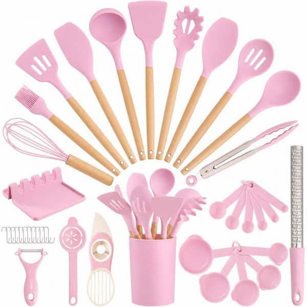 39-Piece Pink Kitchen Utensils Set, Silicone Cooking Utensil Set with Wooden Handle for Nonstick Cookware