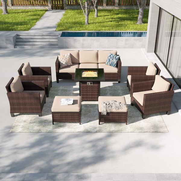 JOYESERY 8-Piecess Patio Conversation Set with Square Fire Pit Table, Brown Wicker Wide Armrests Sofa with Sand Cushion