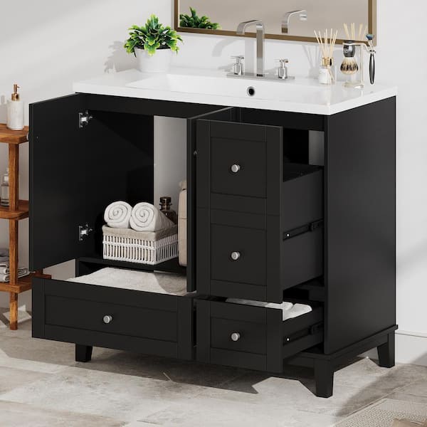 Tenleaf 36 in. W Single Sink Freestanding Bath Vanity in Black with White Resin Top and USB Charging, 3 Drawers