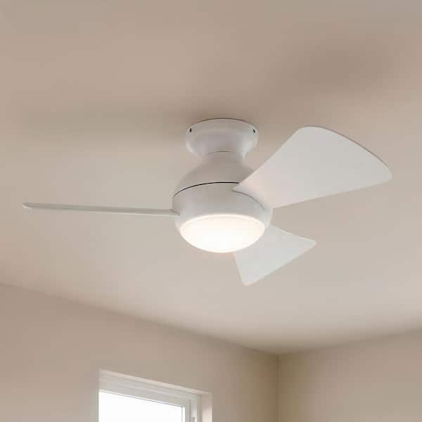 Sola 34 in. Indoor/Outdoor Matte White Low Profile Ceiling Fan with Integrated LED with Wall Control Included