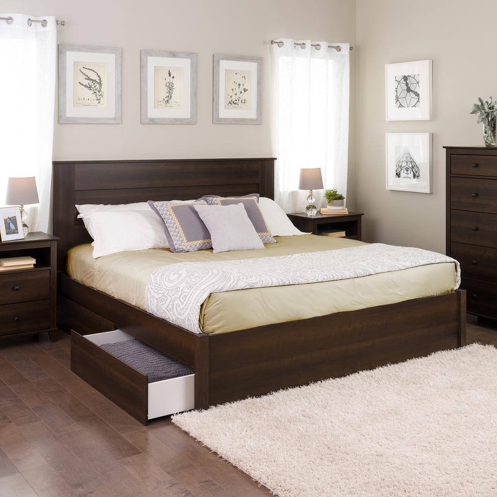 Elegant King-Sized Wood Frame Platform Bed with Upholstered Drawers