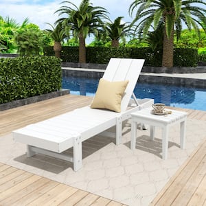 Shoreside 2-Piece Modern Plastic Outdoor Reclining Chaise Lounge With Wheels and Side Table in White