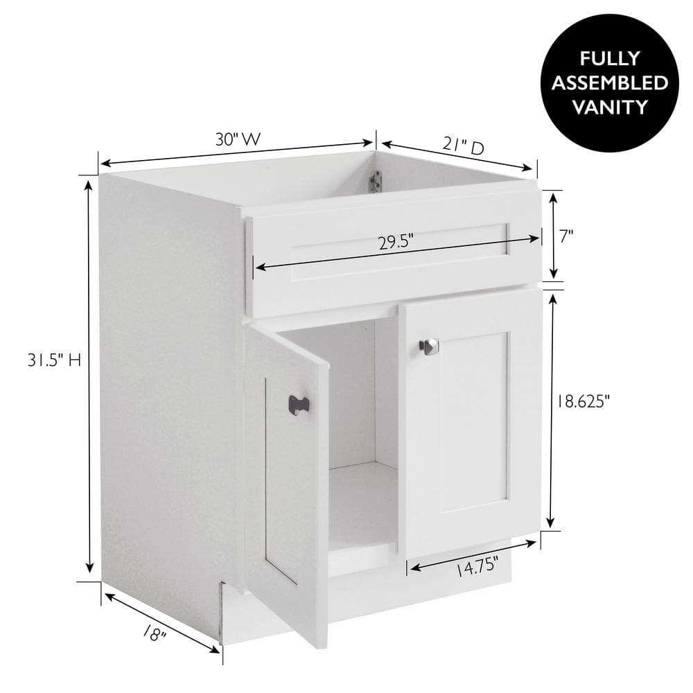 Brookings 30-Inch White Solid Wood Shaker Bathroom Vanity