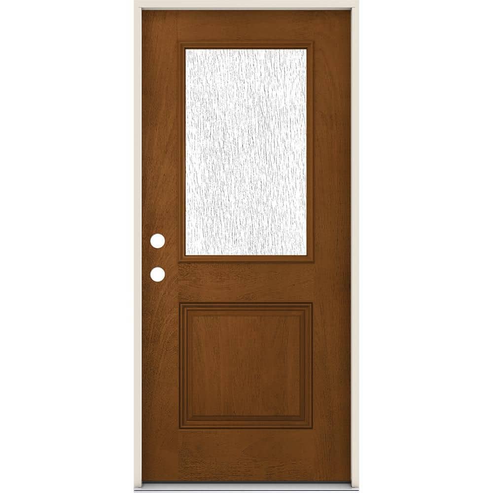 36 in. x 80 in. Right-Hand Inswing 1/2 Lite Rain Glass Mocha Fiberglass Prehung Front Door -  JELD-WEN, THDJW239300014