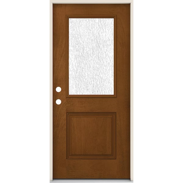 JELD-WEN 36 in. x 80 in. Right-Hand Inswing 1/2 Lite Rain Glass Mocha Fiberglass Prehung Front Door