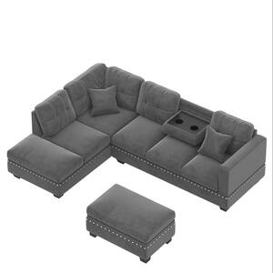 105 in. W 3-Piece Gray Velvet L-Shaped 6-Seat Reversible Sectional Sofa with Square Arm Storage Ottoman and Cup Holders