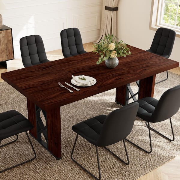 7-Pieces Rectangular Walnut MDF Top Dining Table Set Seating 6 People(Walnut Table+6 Black Chairs）