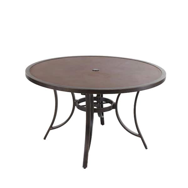 Clihome 48 in. Round Patio Dining Table Cast Aluminum Round Outdoor Table with Umbrella Hole and Tempered Glass Table Top