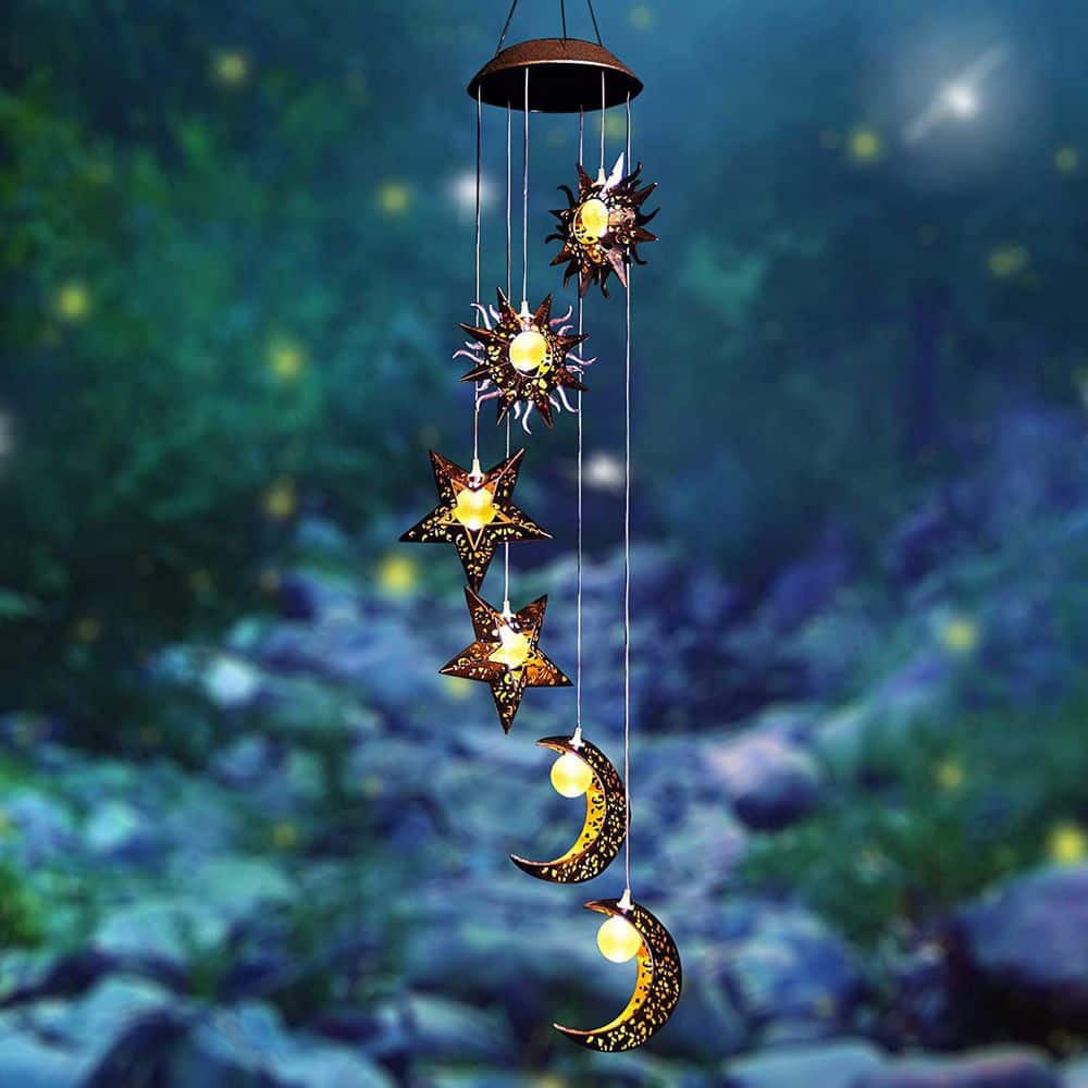 Solar Powered Sun Moon Star Waterproof LED Wind Chimes