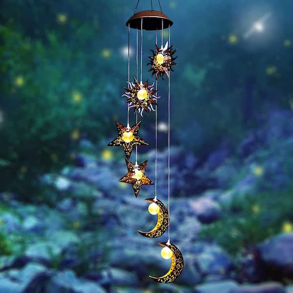 24 in. Sun Moon Star Solar Wind Chimes Warm LED Wind Chimes Outdoor Hanging  Light Unique Decoration Gift B08ZSCKVS7 The Home Depot