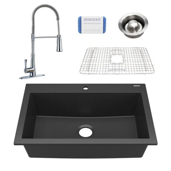 SINKOLOGY Camille All-in-One Drop-In Granite Composite 33 in. 1-Hole Single Bowl Kitchen Sink with Pfister Faucet in Matte Black
