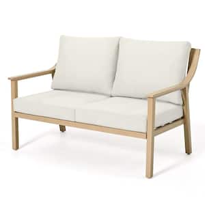 EliteCast Natural Wood -Grain Aluminum Outdoor Loveseat with Beige Cushions