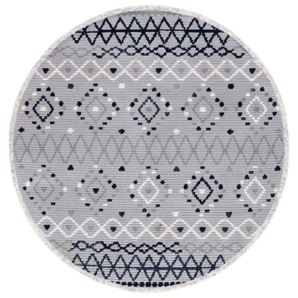 SAFAVIEH Marrakesh Gray/Navy 7 ft. x 7 ft. Round Geometric Striped Area Rug