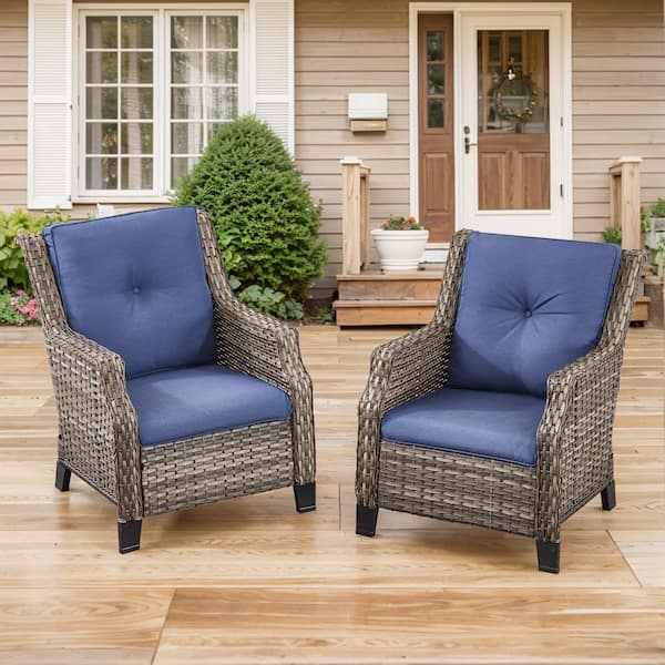 Opohoro TidyFoot Metal and Gray Wicker Outdoor Lounge Chair with Olefin Navy Blue Cushions (2-Pack)