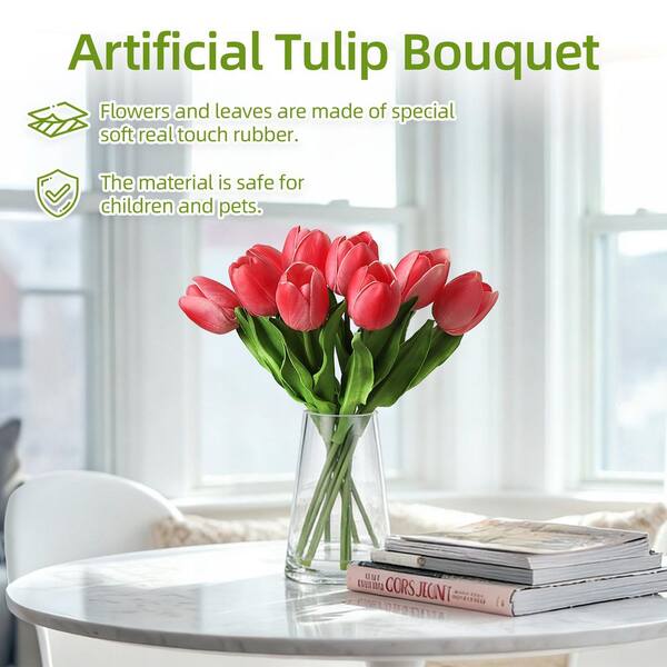 13.78 in. Pink Silk Tulip Bouquet in Clear Glass Vase-Artificial