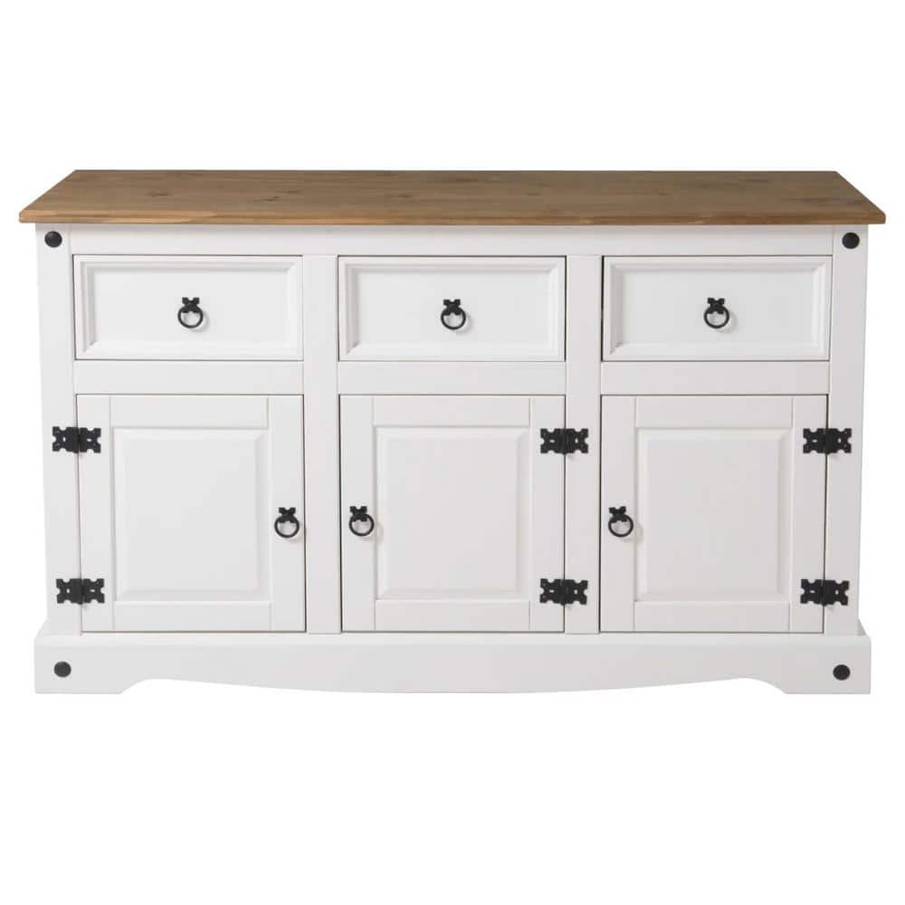 Distressed White Pine Wood Cottage Sideboard with Antique Brown Top