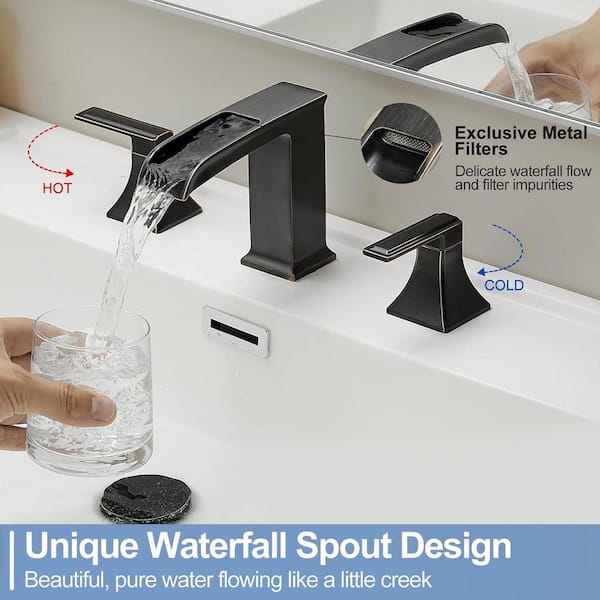 8 in. Widespread 2-Handle Waterfall Spout Bathroom Sink Faucet with Pop-Up Drain and Supply Lines in Oil Rubbed Bronze