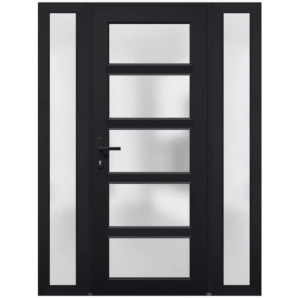 VDOMDOORS 60 in. x 80 in. Right-hand/Inswing 2 Sidelights Frosted Glass Matte Black Steel Prehung Front Door with Hardware