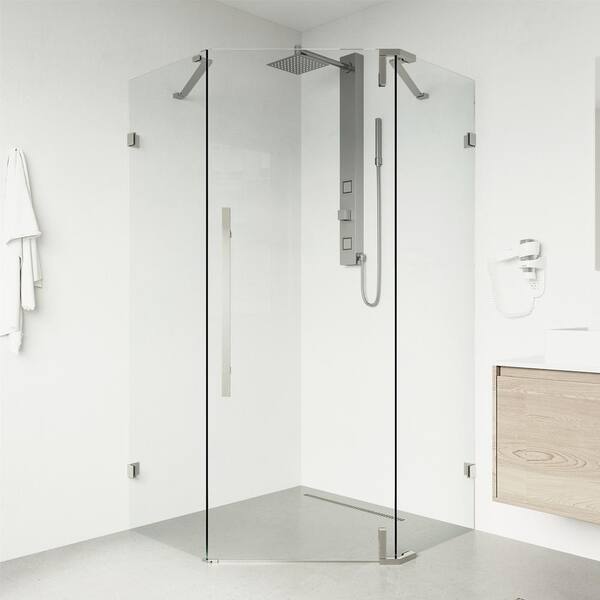 Vigo Ontario 34 In W X 74 H Neo Angle Pivot Frameless Corner Shower Enclosure Stainless Steel With Clear Glass Vg6065stcl36 The Home Depot Vigo Ontario 34 In W X 74 H Neo, Corner Shower Glass Doors Home Depot