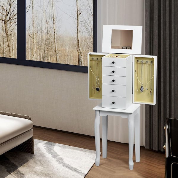 White Mirrored Armoire Jewelry Cabinet Free Standing Organizer Storage Box Chest