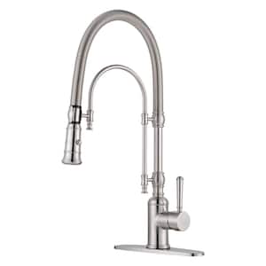 2-Functions Single Handle Gooseneck Pull Down Sprayer Kitchen Faucet with Spring Tube in Solid Brass Brushed Nickel