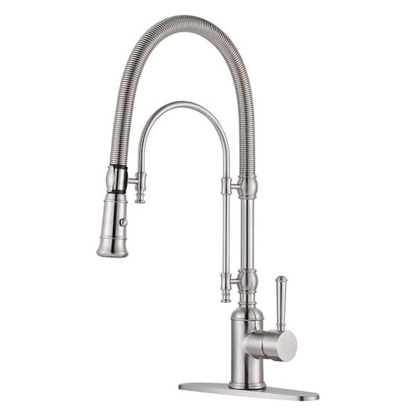 2-Functions Single Handle Gooseneck Pull Down Sprayer Kitchen Faucet with Spring Tube in Solid Brass Brushed Nickel