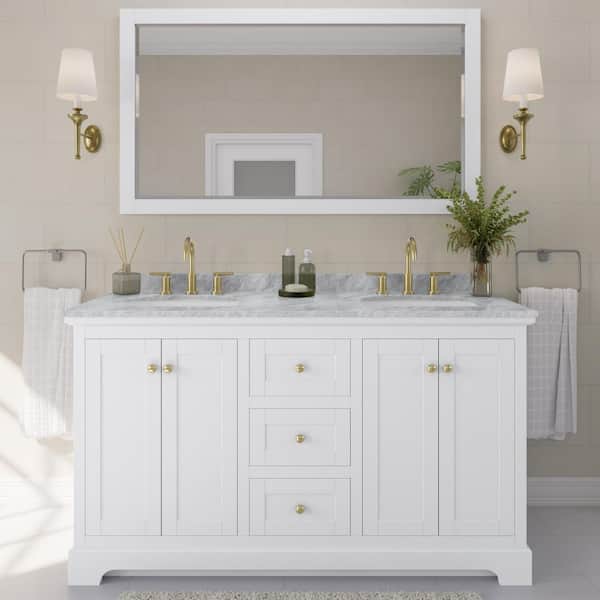 Wyndham Collection Avery 60 in. W x 22 in. D x 35 in. H Double Sink Bath Vanity in White with White Carrara Marble Top