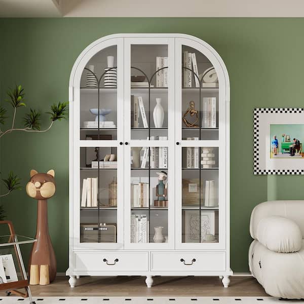 FUFU&GAGA White Wood 77.2 in. Tall 10-Shelf Glass Doors Standard Bookcase Arch Top Transparent Display Bookshlef (50.4 in. W)